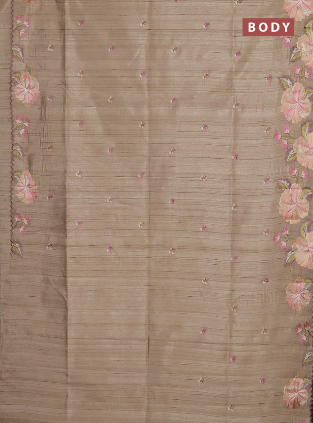 Semi raw silk saree beige with embroidery buttas and floral embroidery border
