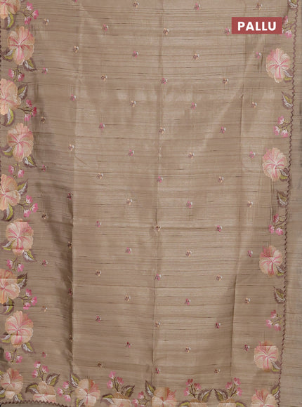 Semi raw silk saree beige with embroidery buttas and floral embroidery border