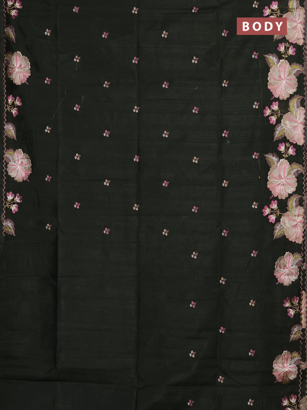 Semi raw silk saree sap green with embroidery buttas and floral embroidery border