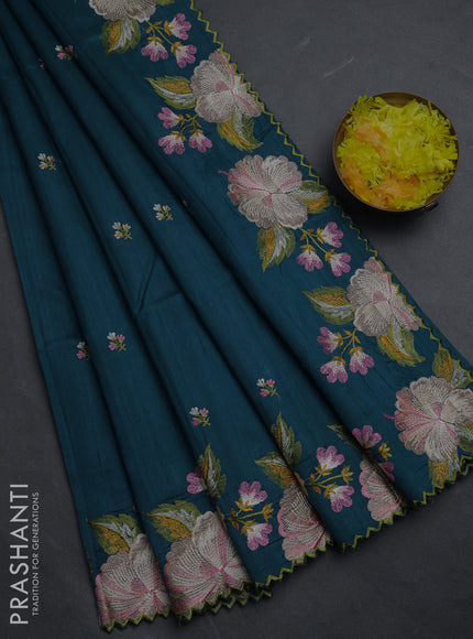Semi raw silk saree peacock blue with embroidery buttas and floral embroidery border