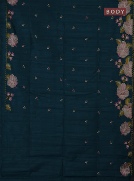 Semi raw silk saree peacock blue with embroidery buttas and floral embroidery border