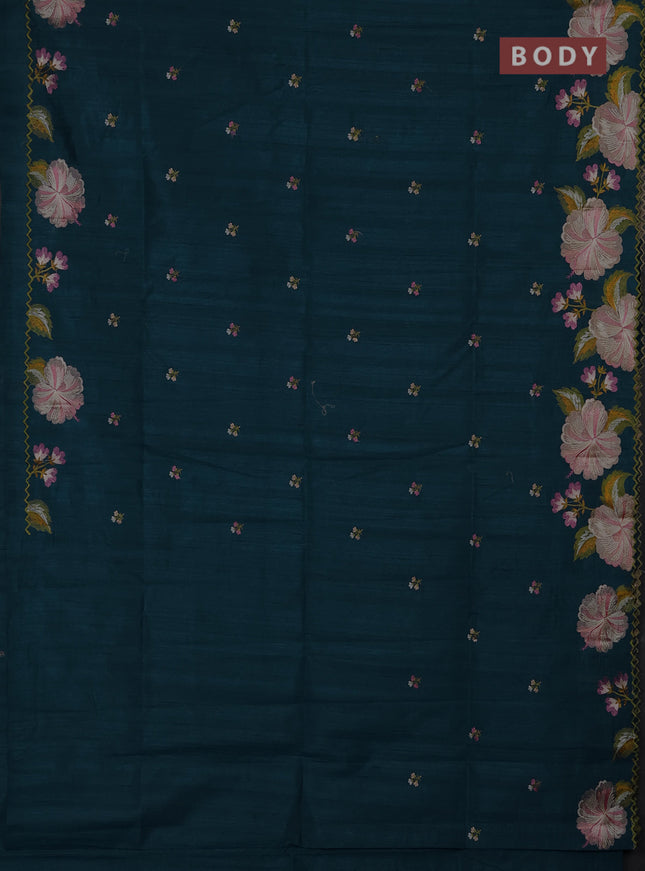 Semi raw silk saree peacock blue with embroidery buttas and floral embroidery border