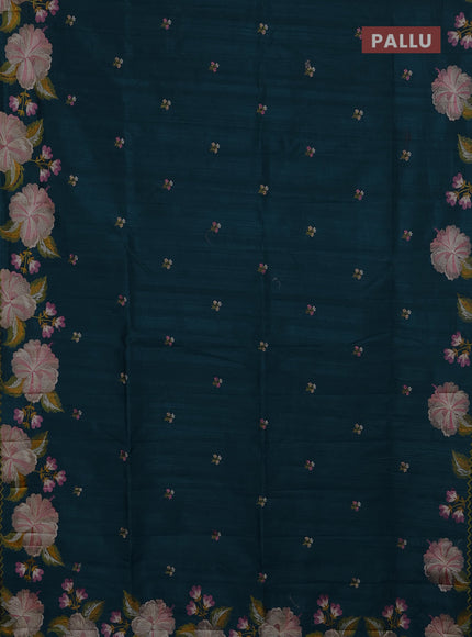 Semi raw silk saree peacock blue with embroidery buttas and floral embroidery border