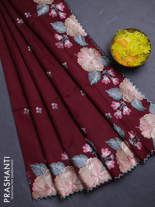 Semi raw silk saree deep maroon with embroidery buttas and floral embroidery border