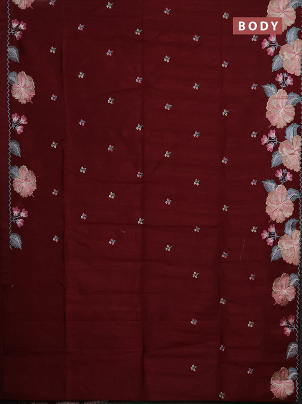 Semi raw silk saree deep maroon with embroidery buttas and floral embroidery border