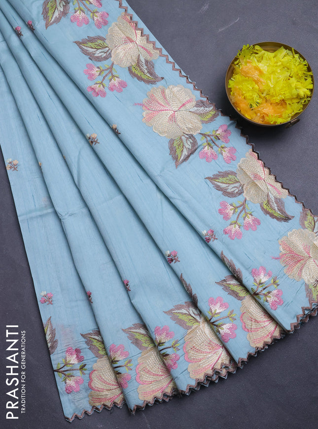 Semi raw silk saree pastel blue with embroidery buttas and floral embroidery border