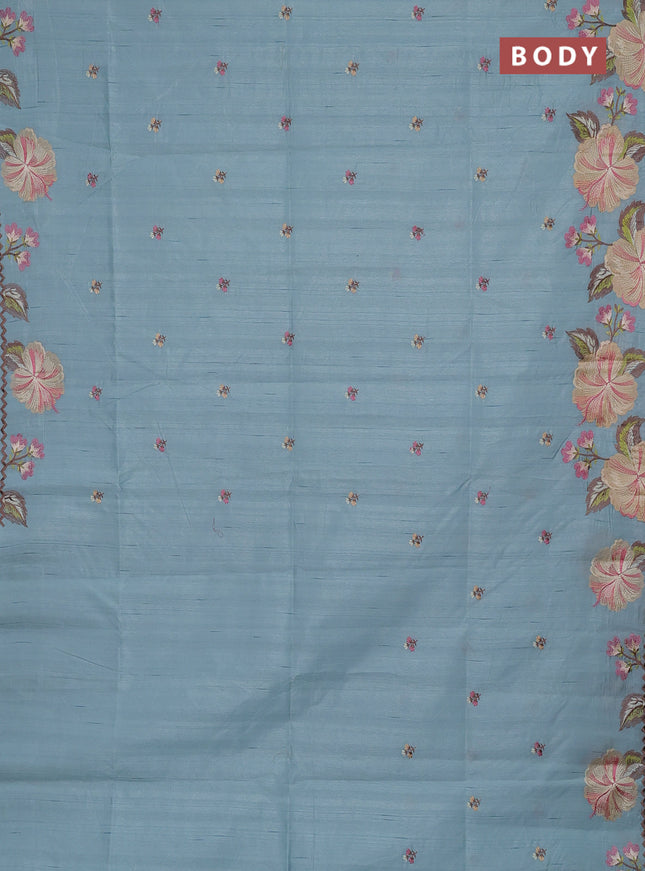 Semi raw silk saree pastel blue with embroidery buttas and floral embroidery border