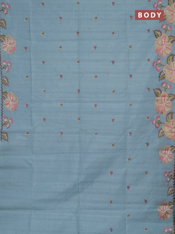 Semi raw silk saree pastel blue with embroidery buttas and floral embroidery border