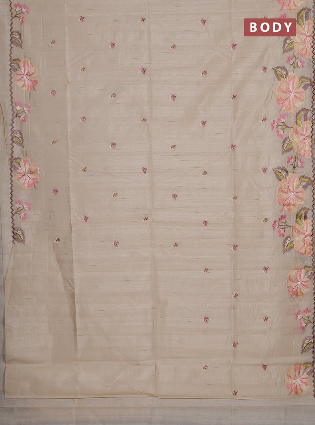 Semi raw silk saree beige with embroidery buttas and floral embroidery border