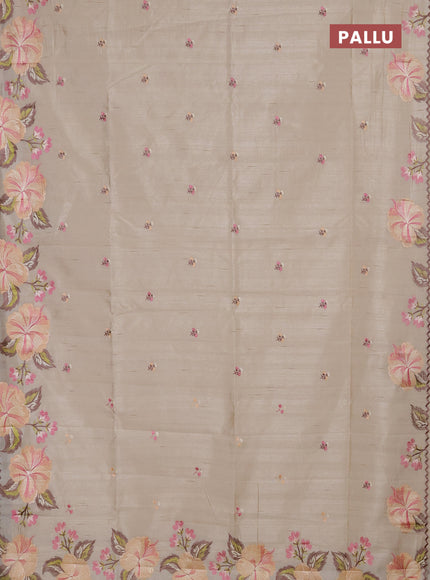 Semi raw silk saree beige with embroidery buttas and floral embroidery border