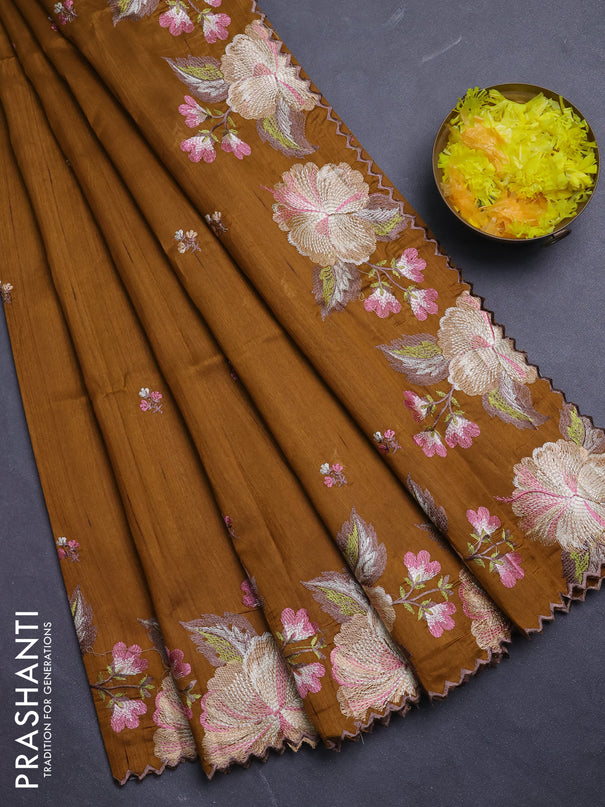Semi raw silk saree mustard yellow with embroidery buttas and floral embroidery border