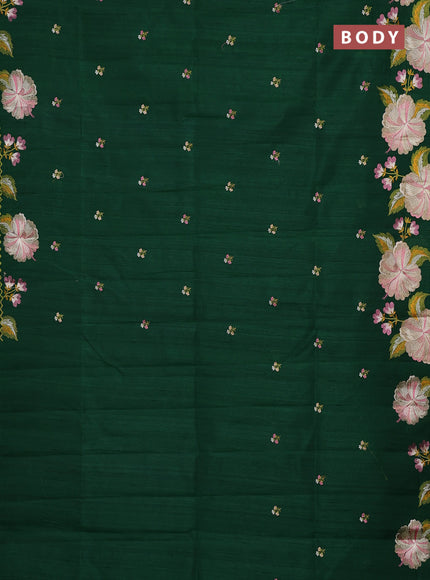 Semi raw silk saree bottle green with embroidery buttas and floral embroidery border