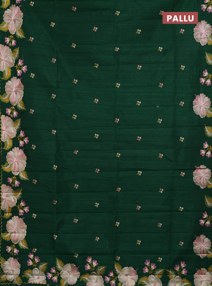 Semi raw silk saree bottle green with embroidery buttas and floral embroidery border