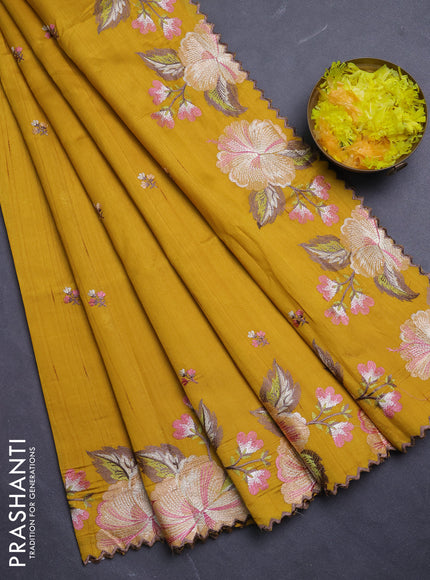 Semi raw silk saree mustard yellow with embroidery buttas and floral embroidery border