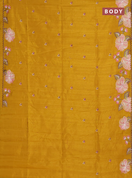 Semi raw silk saree mustard yellow with embroidery buttas and floral embroidery border