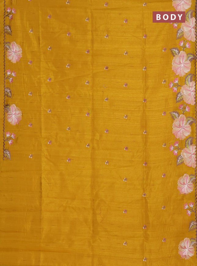 Semi raw silk saree mustard yellow with embroidery buttas and floral embroidery border
