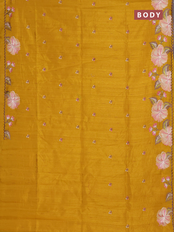 Semi raw silk saree mustard yellow with embroidery buttas and floral embroidery border
