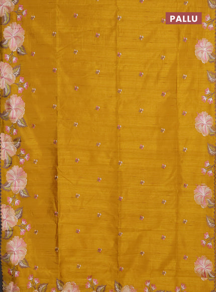 Semi raw silk saree mustard yellow with embroidery buttas and floral embroidery border