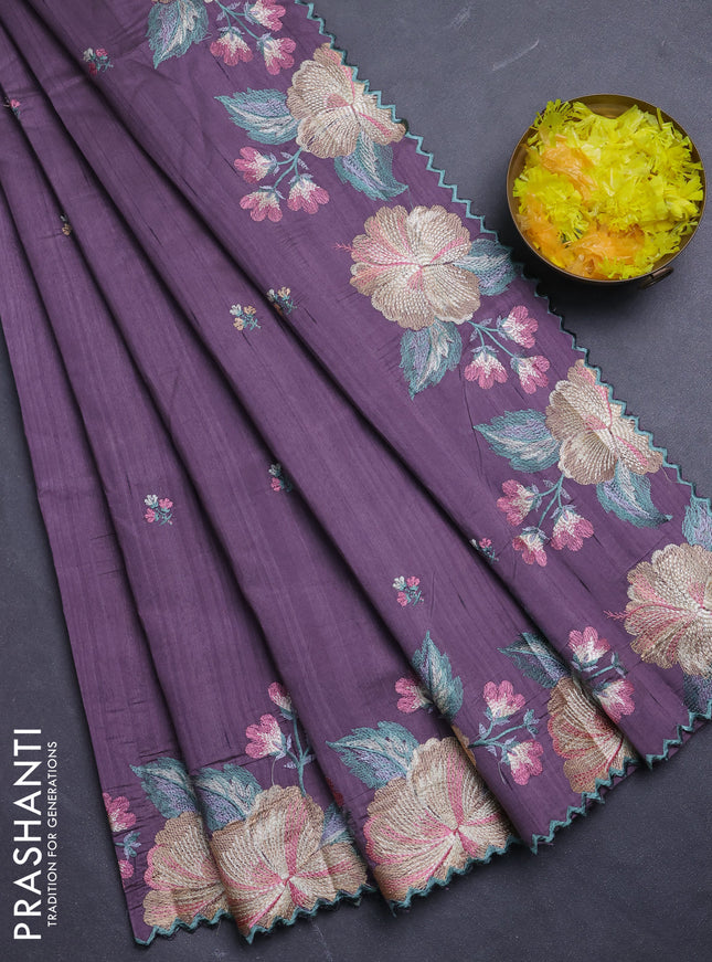 Semi raw silk saree pastel purple with embroidery buttas and floral embroidery border