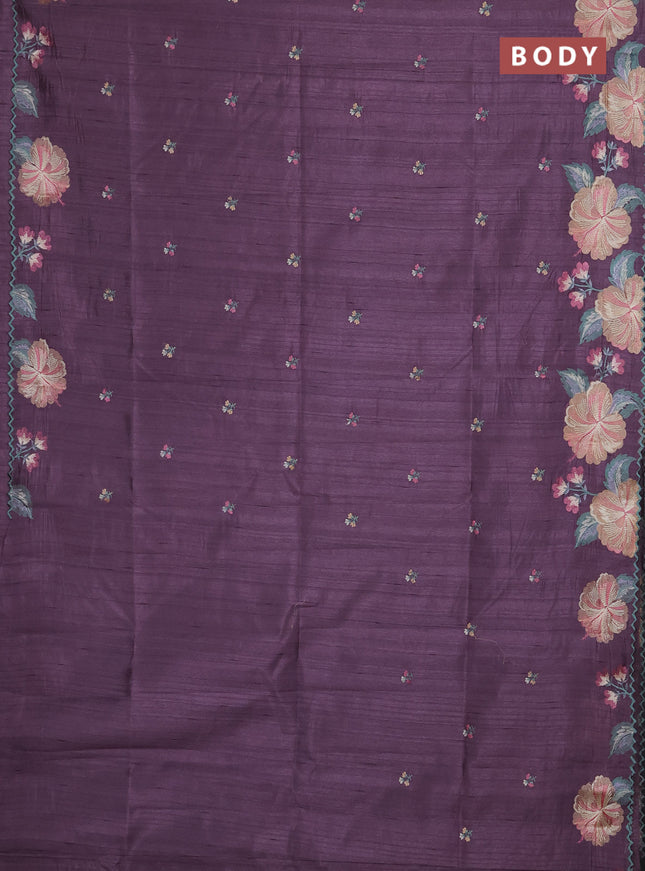 Semi raw silk saree pastel purple with embroidery buttas and floral embroidery border