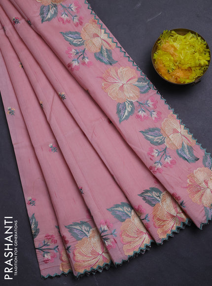 Semi raw silk saree peach shade with embroidery buttas and floral embroidery border