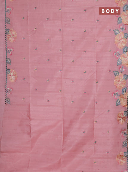 Semi raw silk saree peach shade with embroidery buttas and floral embroidery border