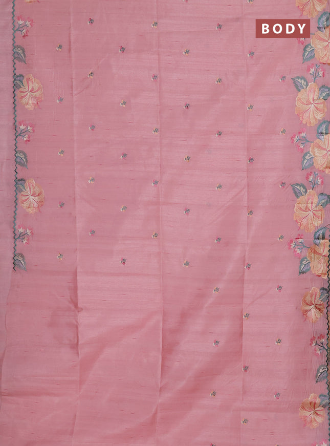 Semi raw silk saree peach shade with embroidery buttas and floral embroidery border