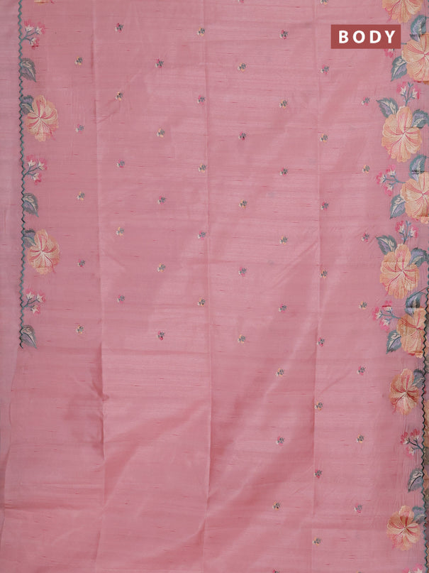 Semi raw silk saree peach shade with embroidery buttas and floral embroidery border