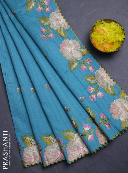 Semi raw silk saree teal blue with embroidery buttas and floral embroidery border
