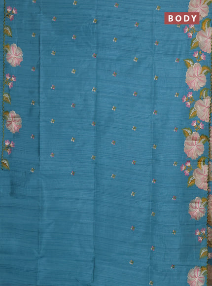 Semi raw silk saree teal blue with embroidery buttas and floral embroidery border
