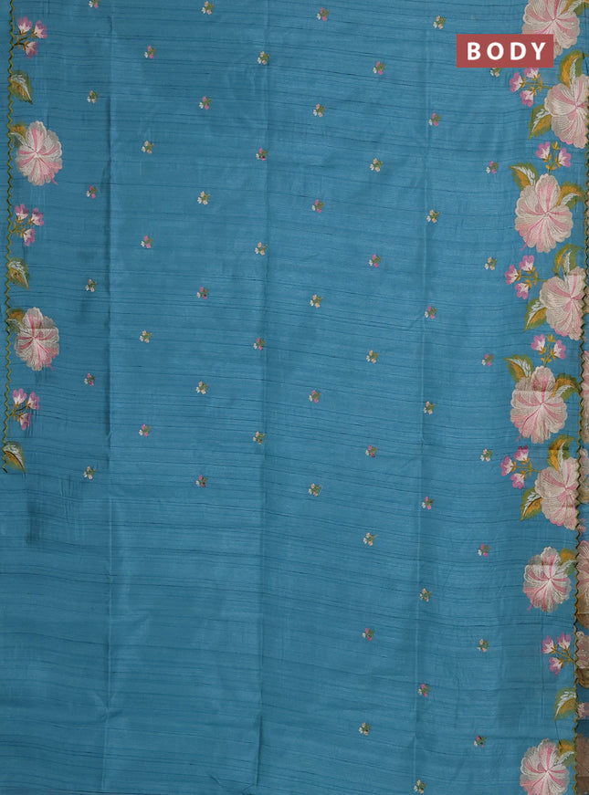 Semi raw silk saree teal blue with embroidery buttas and floral embroidery border
