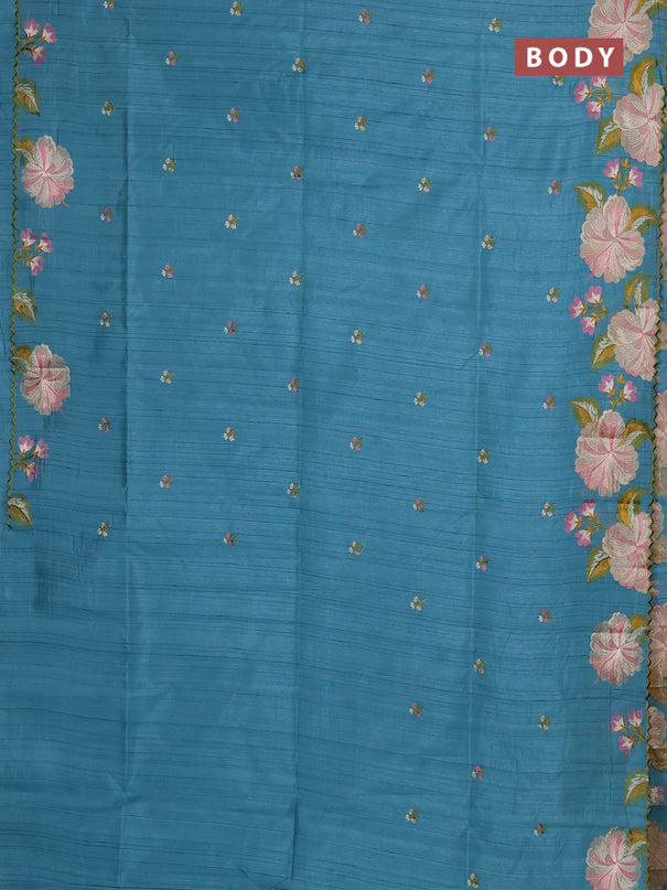 Semi raw silk saree teal blue with embroidery buttas and floral embroidery border