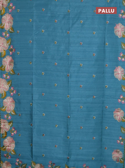 Semi raw silk saree teal blue with embroidery buttas and floral embroidery border