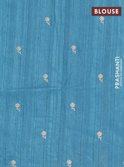 Semi raw silk saree teal blue with embroidery buttas and floral embroidery border