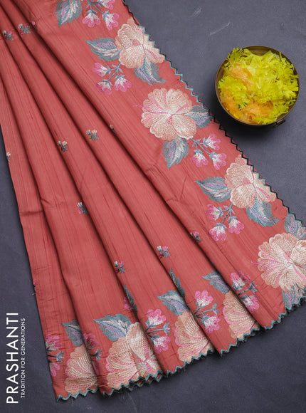 Semi raw silk saree rust shade with embroidery buttas and floral embroidery border
