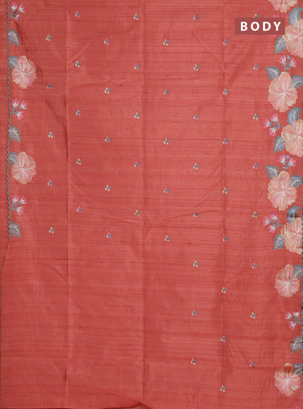Semi raw silk saree rust shade with embroidery buttas and floral embroidery border