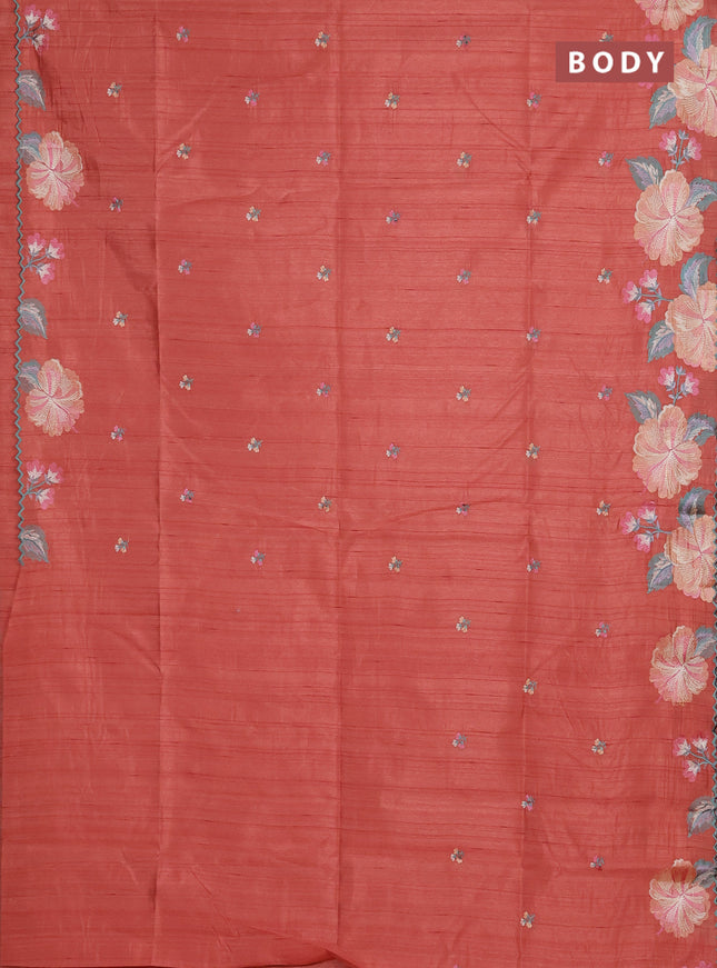 Semi raw silk saree rust shade with embroidery buttas and floral embroidery border