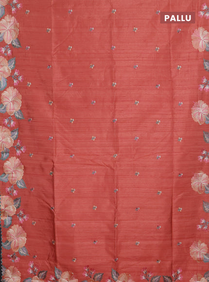 Semi raw silk saree rust shade with embroidery buttas and floral embroidery border