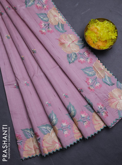 Semi raw silk saree pastel pink with embroidery buttas and floral embroidery border