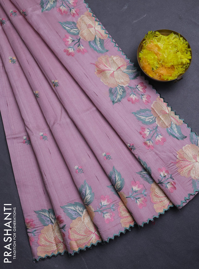 Semi raw silk saree pastel pink with embroidery buttas and floral embroidery border