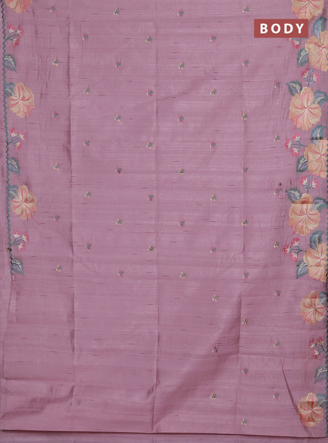 Semi raw silk saree pastel pink with embroidery buttas and floral embroidery border