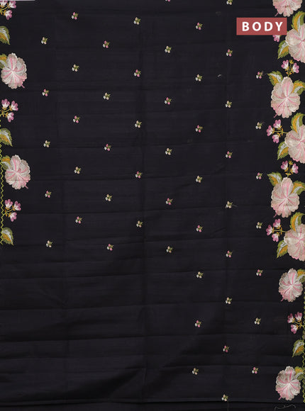Semi raw silk saree black with embroidery buttas and floral embroidery border