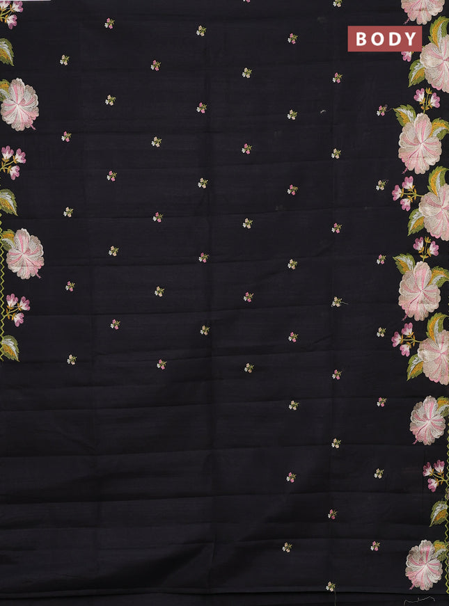 Semi raw silk saree black with embroidery buttas and floral embroidery border
