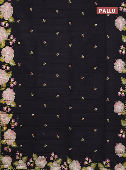 Semi raw silk saree black with embroidery buttas and floral embroidery border