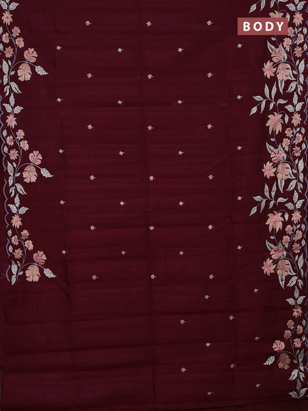 Semi raw silk saree deep maroon with embroidery buttas and floral embroidery border