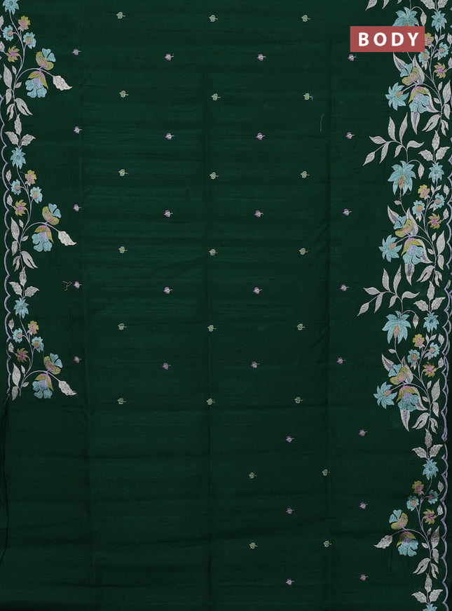 Semi raw silk saree bottle green with embroidery buttas and floral embroidery border