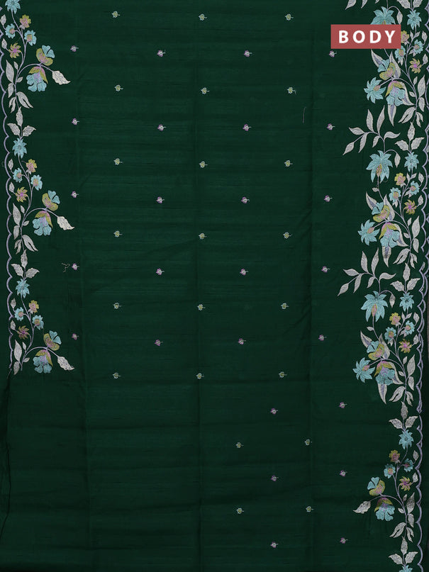Semi raw silk saree bottle green with embroidery buttas and floral embroidery border