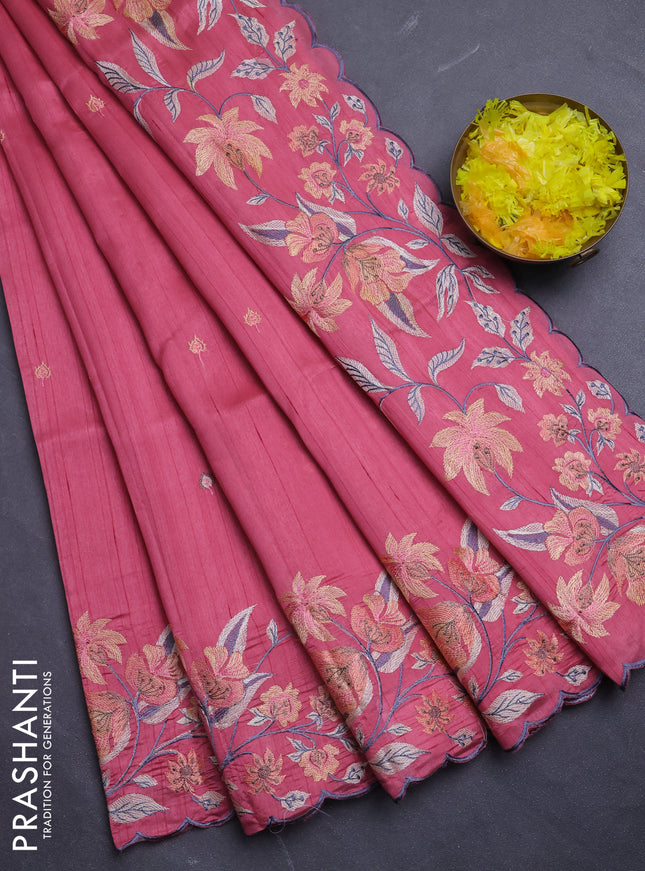 Semi raw silk saree peach with embroidery buttas and floral embroidery border