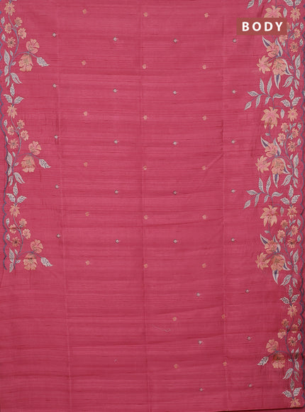 Semi raw silk saree peach with embroidery buttas and floral embroidery border