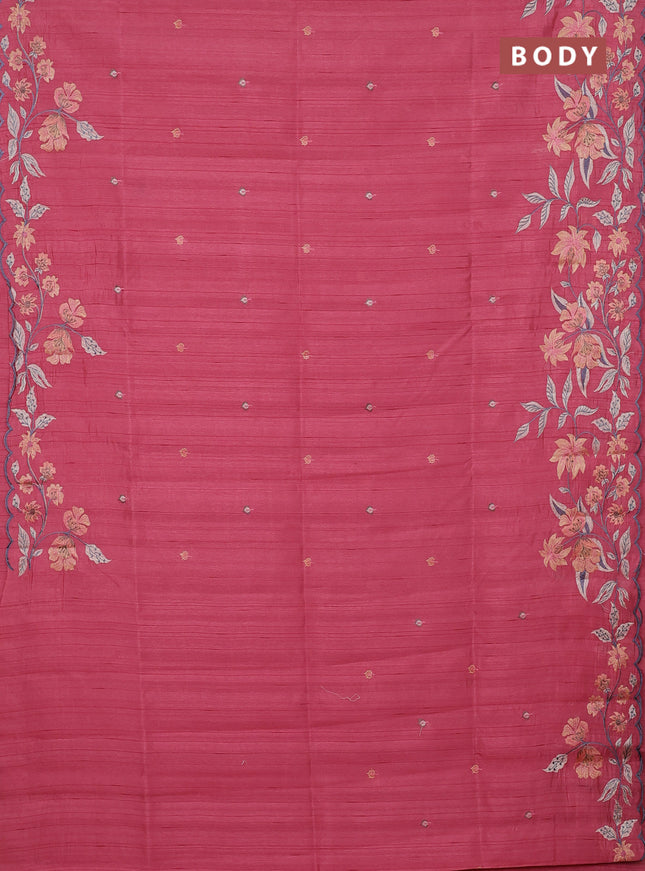 Semi raw silk saree peach with embroidery buttas and floral embroidery border